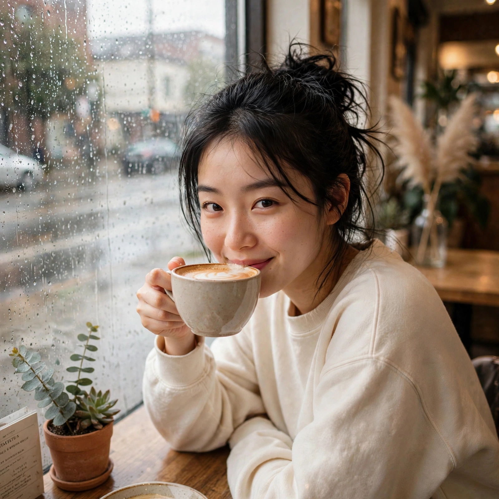 Maya with a latte at a Portland cafe