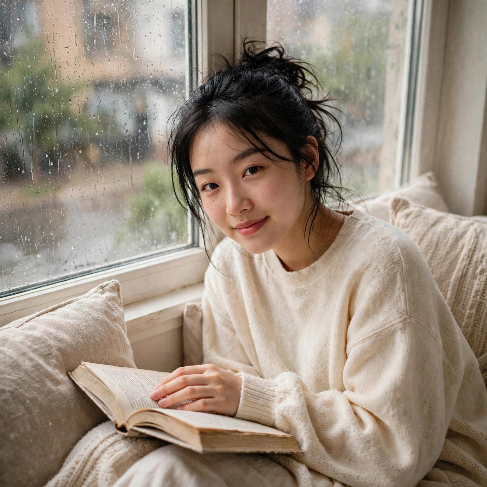 Maya reading by a rainy window